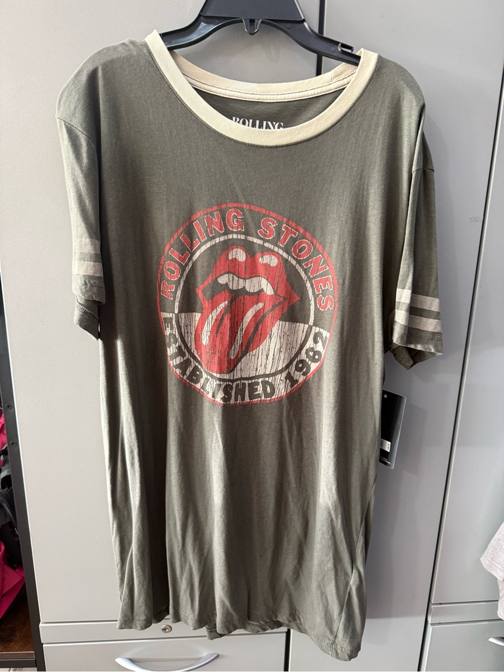 Lucky Brand Olive Green Rolling Stones Graphic Tee with Cream Trim